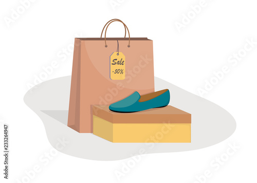 Stylish modern woman s shoes on box, side view, colorful paper bag and price tag with 50 percent discount. Sale in a shoe store. Footwear sale advertising banner. Vector illustration, flat style.