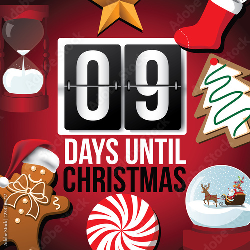 Countdown to Christmas flip number advent calendar with flat lay Christmas items. EPS 10 vector illustration. Day 9.