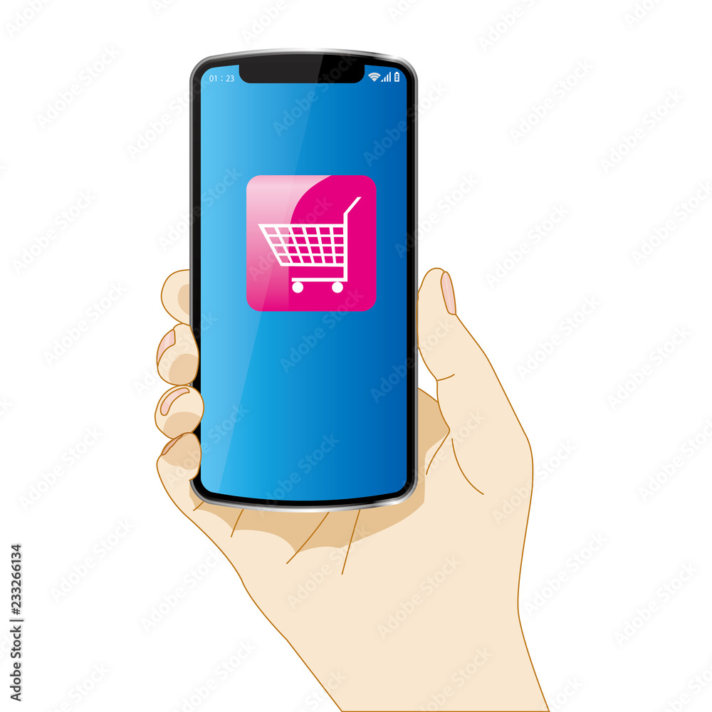 スマホを持つ右手のイラスト ネットショッピングのイメージ カートのアイコン 白背景 Hand With Smartphone Stock Illustration Adobe Stock