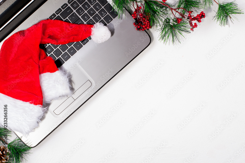 Office table with computer. Christmas background Stock Photo | Adobe Stock