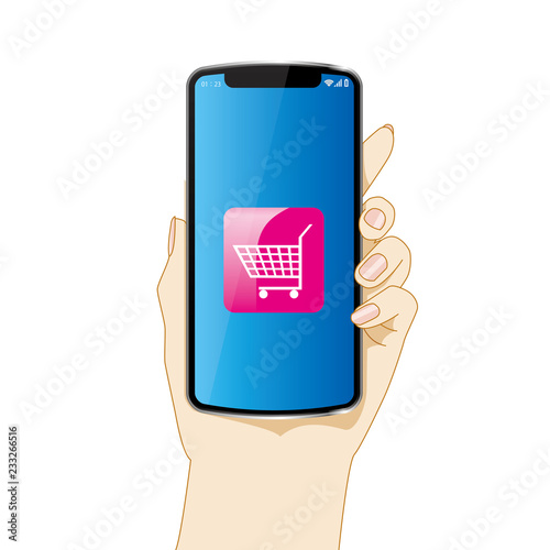 スマホを持つ左手のイラスト ショッピングカートのアイコン 白背景 Hand With Smartphone Stock Illustration Adobe Stock