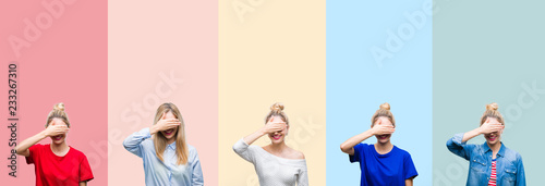Collage of beautiful blonde woman over colorful stripes isolated background smiling and laughing with hand on face covering eyes for surprise. Blind concept.