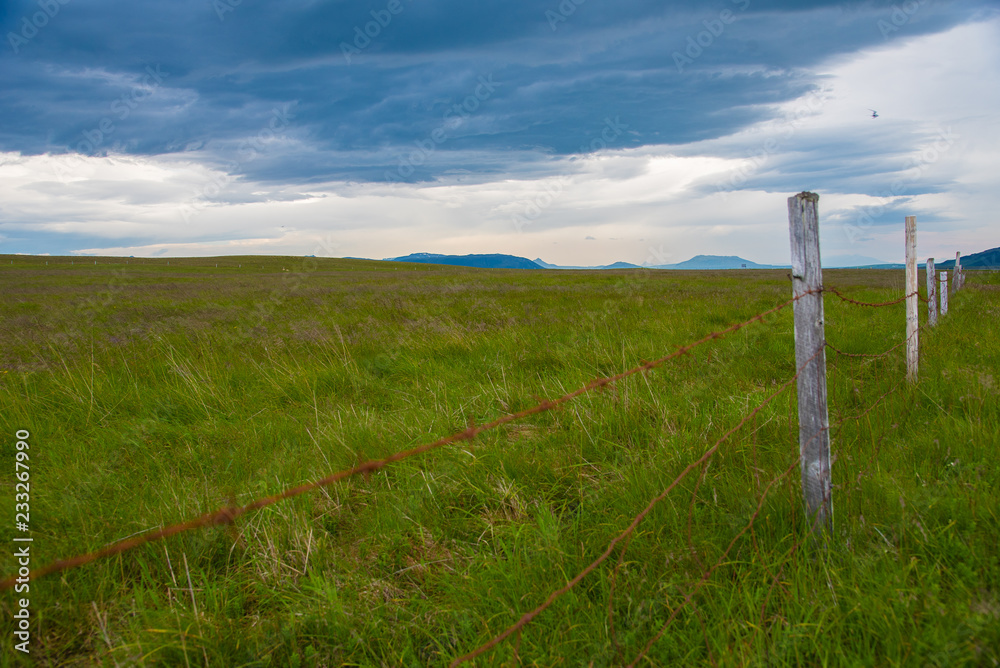 Fototapeta premium Peaceful landscape in Iceland with barbed wire fence in foreground