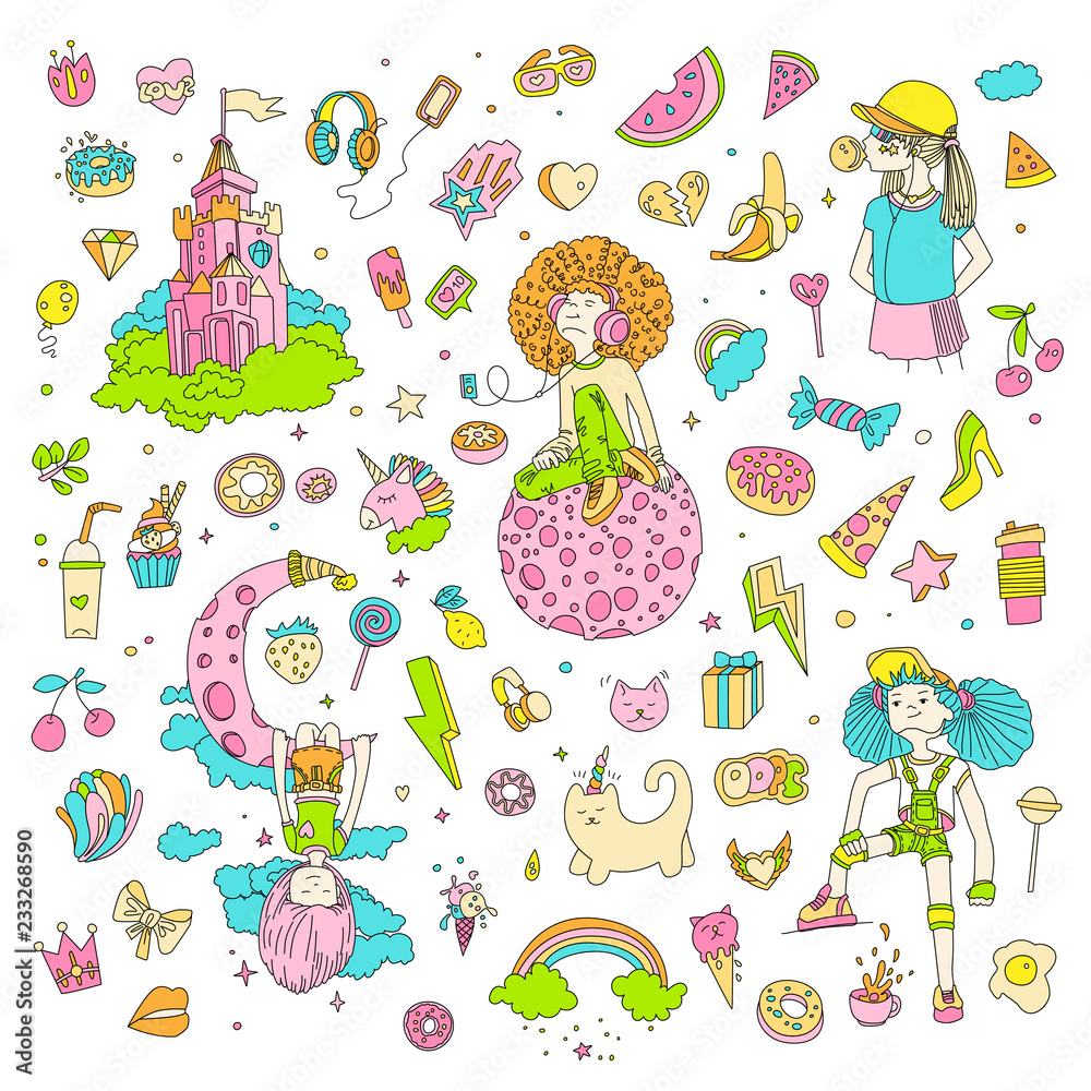 Colored Set of teenage girl icons, cute cartoon teen objects, fun ...