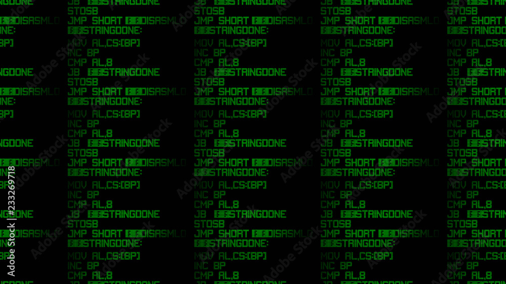 A repeatable seamless pattern: source code on a computer LCD screen, assembler language instructions, leds. Green on black.
A repeatable seamless pattern: source code on a computer LCD screen, assembler language instructions, leds. Green on black.