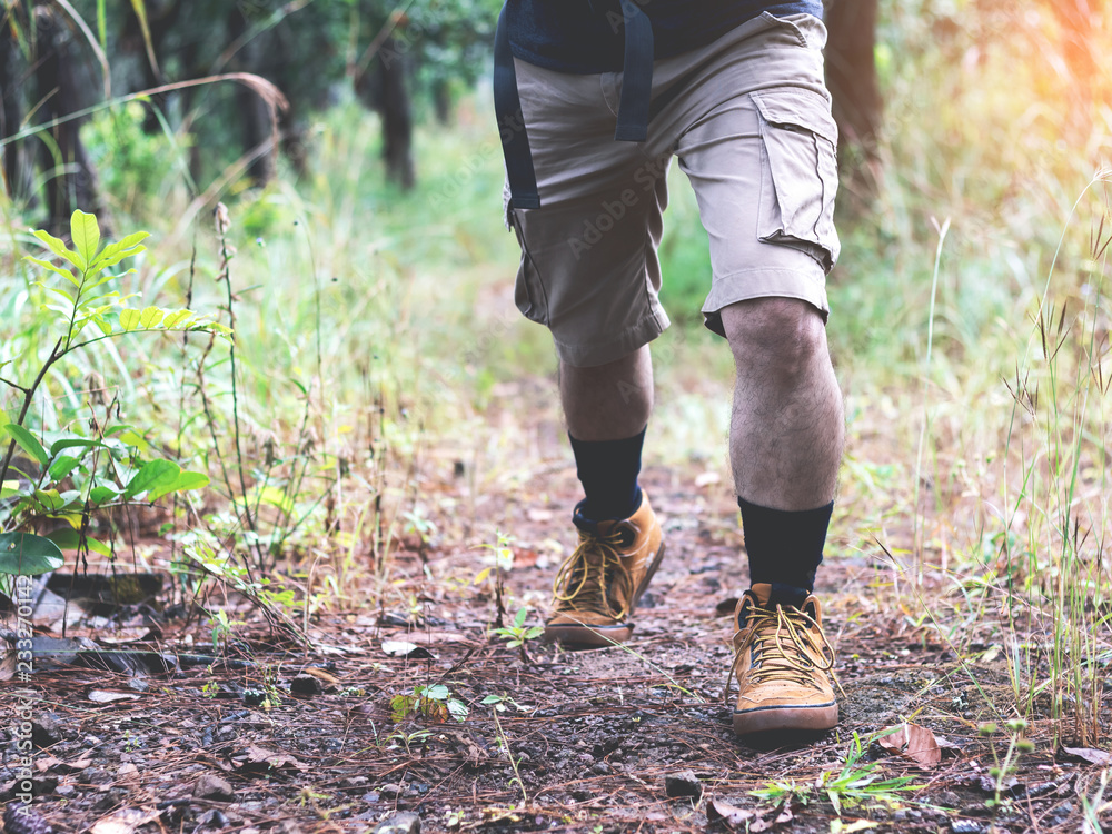 Hiking man with trekking boots walking on trail in forest Hiking man with trekking boots walking on trail in forest