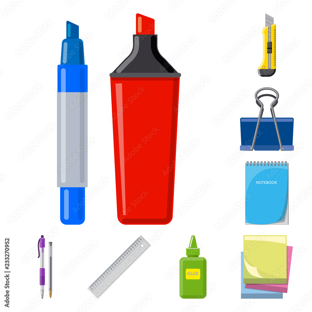 Vector illustration of office and supply symbol. Set of office and school stock vector illustration. Vector illustration of office and supply symbol. Set of office and school stock vector illustration.