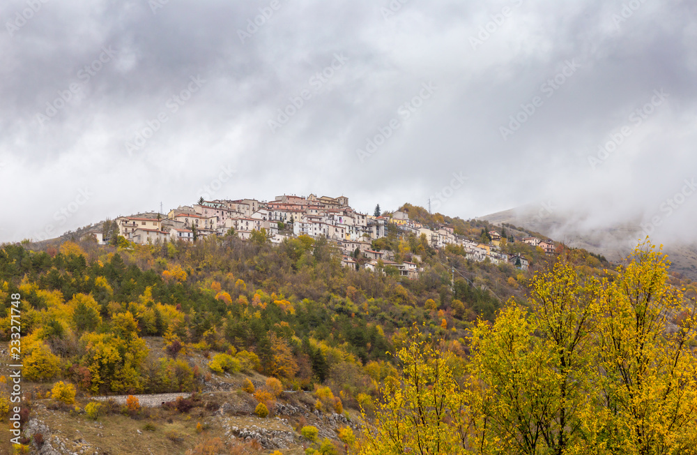 Small village perched on top of hill, Barrea, Abruzzo, Italy. October 13, 2017