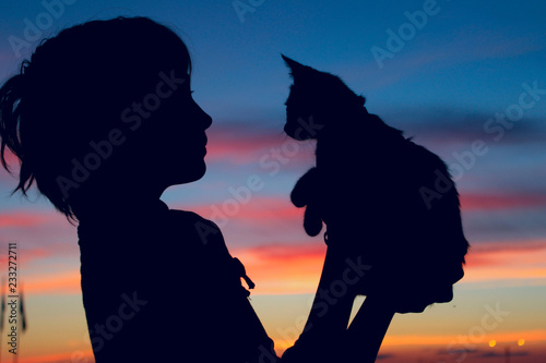 Children  Pets  Nature  Love  People And Childhood Concept. Silhouette Of A Girl Holding Her Kitten At Sunset. Cropped Shot Of A Cute Little Girl And Kitten At Sunset. Owner And Pet.