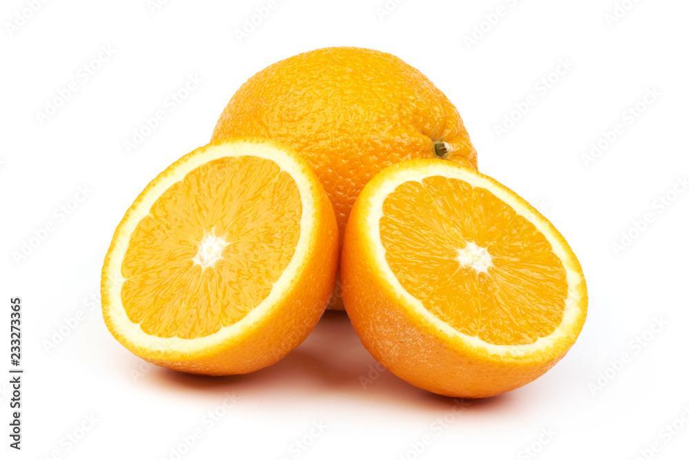 Fresh Juicy Orange With Half of Orange, isolated on a white background. Close-up