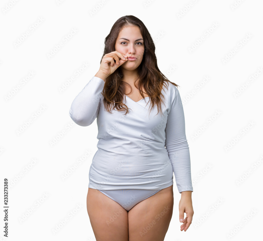 Beautiful plus size young overwight woman wearing white underwear over isolated background mouth and lips shut as zip with fingers. Secret and silent, taboo talking Beautiful plus size young overwight woman wearing white underwear over isolated background mouth and lips shut as zip with fingers. Secret and silent, taboo talking
