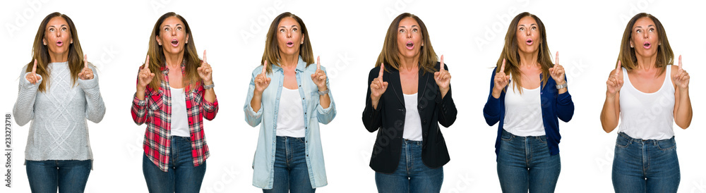Collage of beautiful middle age woman over white isolated background amazed and surprised looking up and pointing with fingers and raised arms. Collage of beautiful middle age woman over white isolated background amazed and surprised looking up and pointing with fingers and raised arms.