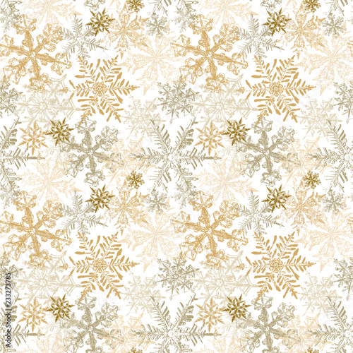 Gold Snowflakes Seamless Pattern, Christmas Vector Background