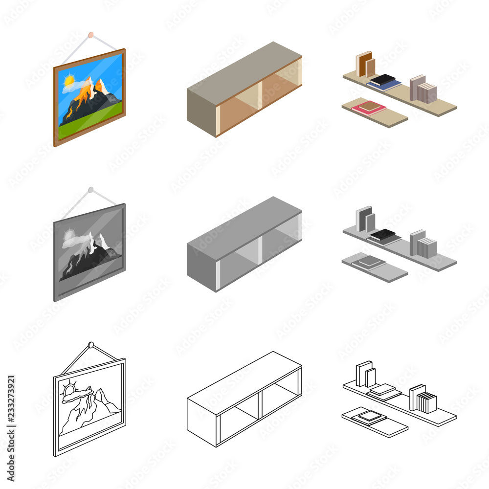 Vector illustration of bedroom and room sign. Set of bedroom and furniture vector icon for stock.