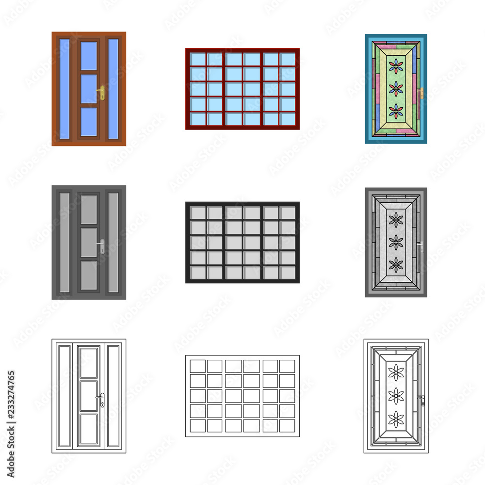 Isolated object of door and front sign. Collection of door and wooden stock symbol for web. Isolated object of door and front sign. Collection of door and wooden stock symbol for web.