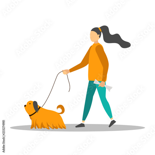 Young woman walking with five dogs.