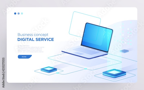 Slide, hero page or digital technology banner. Digital service business concept. Isometric illustration