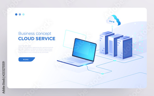 Slide, hero page or digital technology banner. Cloud service business concept. Isometric illustration