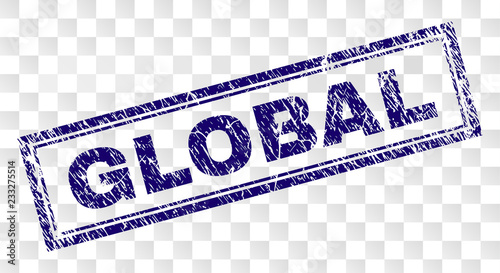 GLOBAL stamp seal watermark with rubber print style and double framed rectangle shape. Stamp is placed on a transparent background. Blue vector rubber print of GLOBAL title with scratched texture.