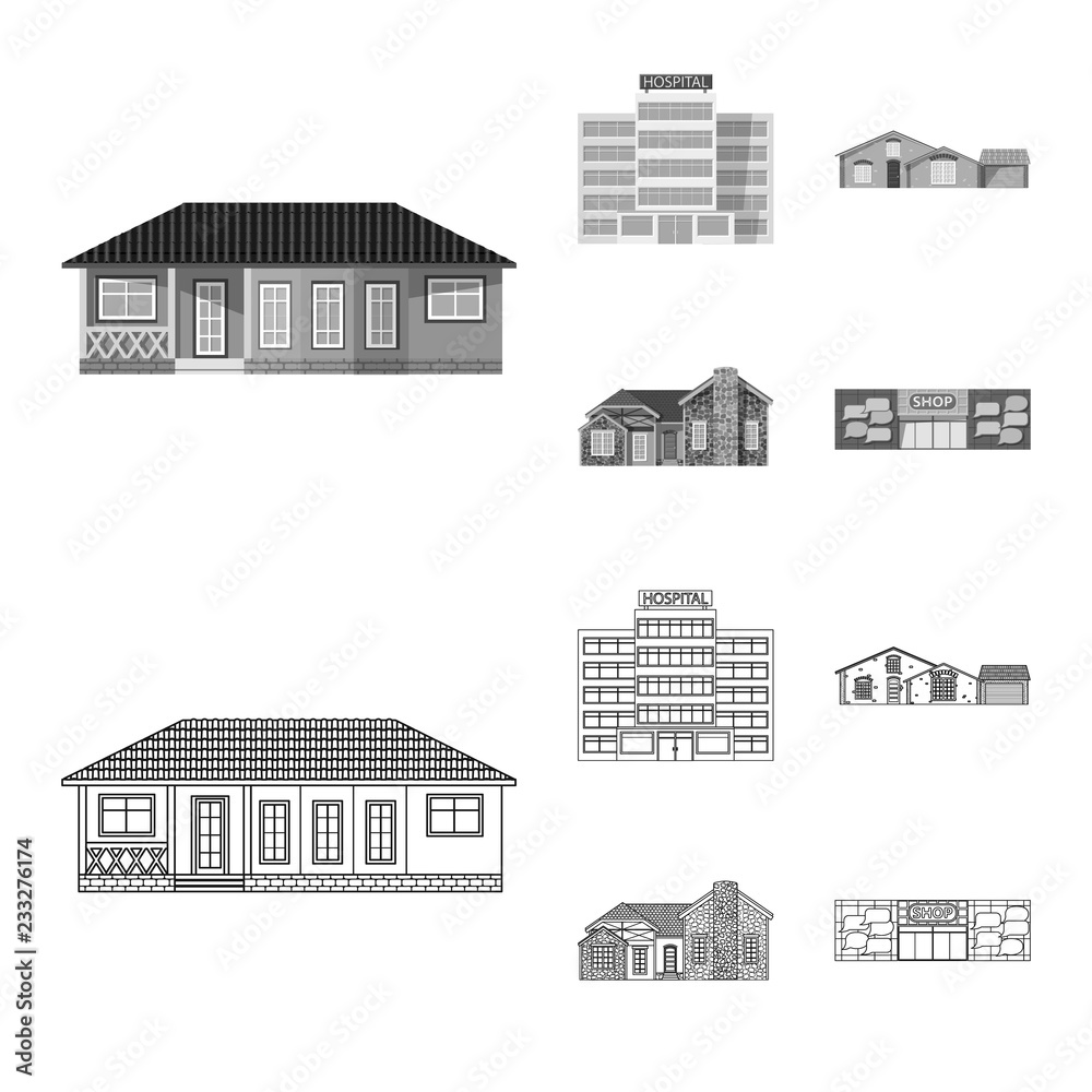 Vector illustration of building and front icon. Collection of building and roof stock symbol for web. Vector illustration of building and front icon. Collection of building and roof stock symbol for web.