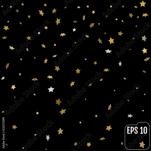 Vector background with 3d gold stars. Glitter pattern for banner, greeting card, Christmas and New Year card, invitation, postcard, paper packaging.