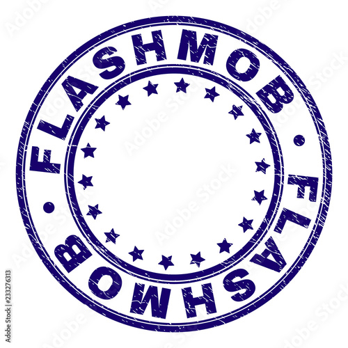 FLASHMOB stamp seal imprint with grunge texture. Designed with circles and stars. Blue vector rubber print of FLASHMOB title with retro texture.