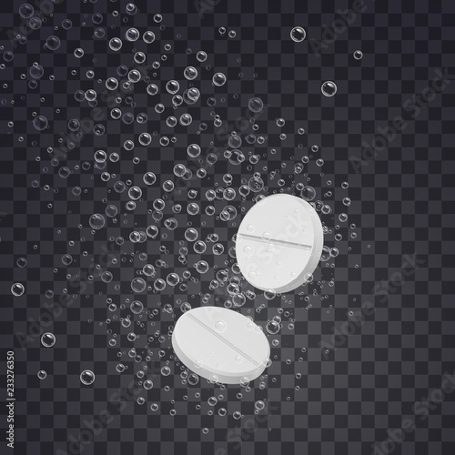 Realistic effervescent soluble tablets in water with clear air bubbles. Pills. Background for medical posters, banners. Vector illustration.