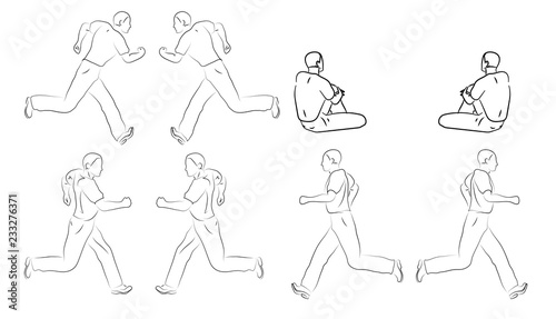 Sitting and Running black line mens on white background. Vector graphic icon set. Sketch style
