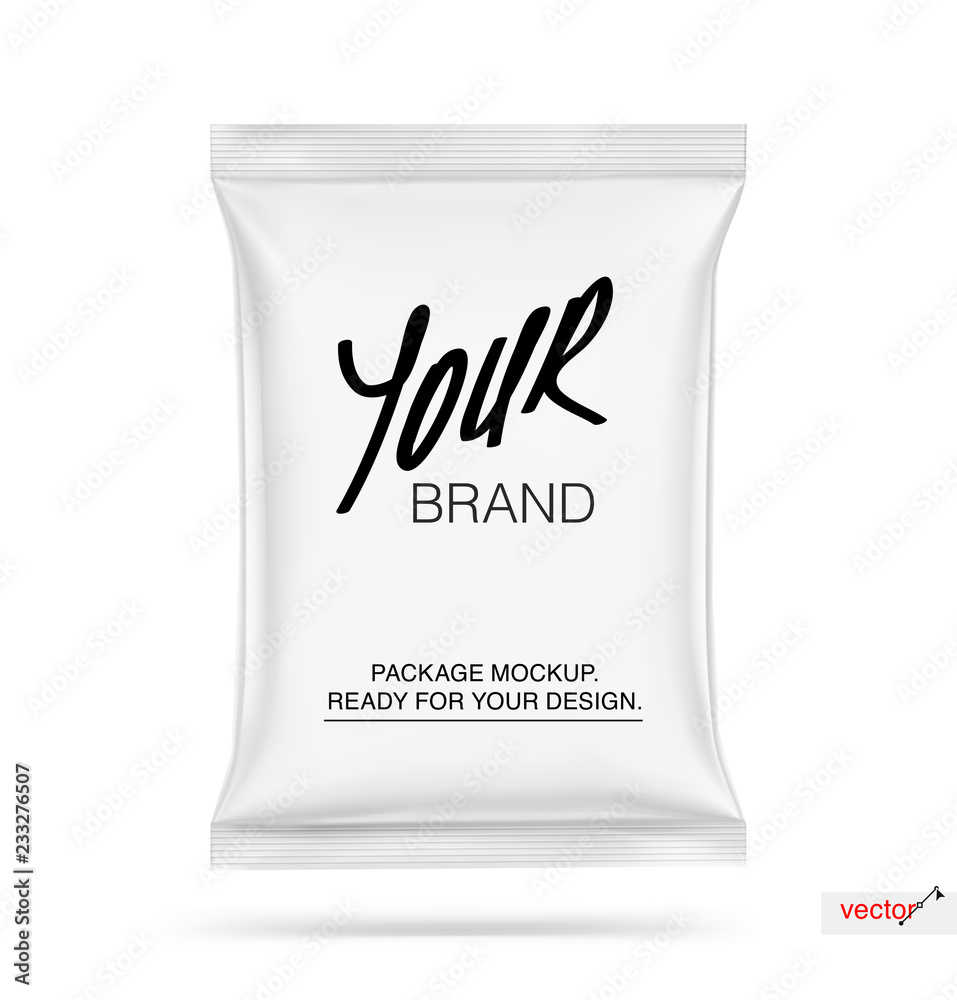 Mockup of food snack pillow bag isolated  on white background. Vector illustration ready and simple to use for your design. The mock-up will make the presentation look as realistic as possible. EPS10.