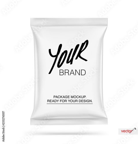 Mockup of food snack pillow bag isolated  on white background. Vector illustration ready and simple to use for your design. The mock-up will make the presentation look as realistic as possible. EPS10.