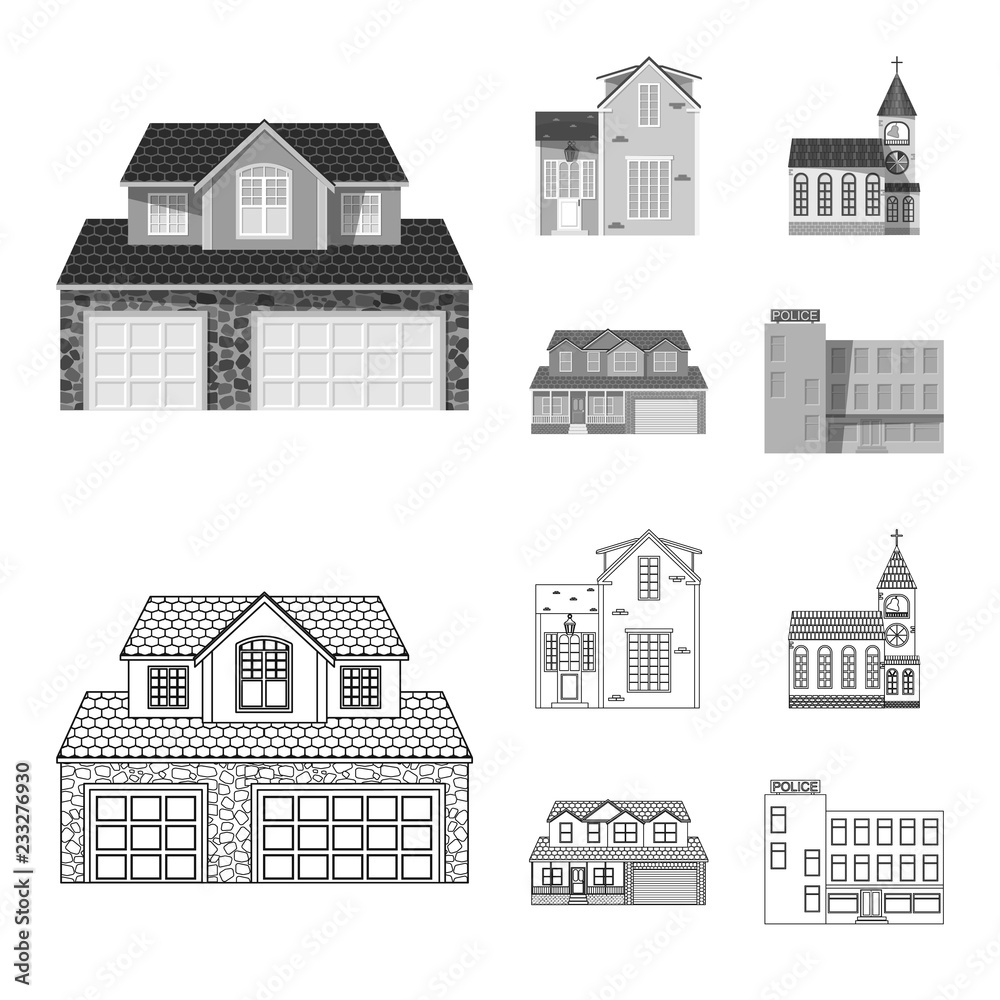 Vector illustration of building and front sign. Set of building and roof vector icon for stock.