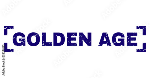 GOLDEN AGE title seal print with distress style. Text title is placed between corners. Blue vector rubber print of GOLDEN AGE with unclean texture.