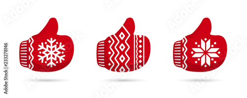 Thumbs up in christmas mittens vector icons. Like signs. Santa Claus like icon vector.