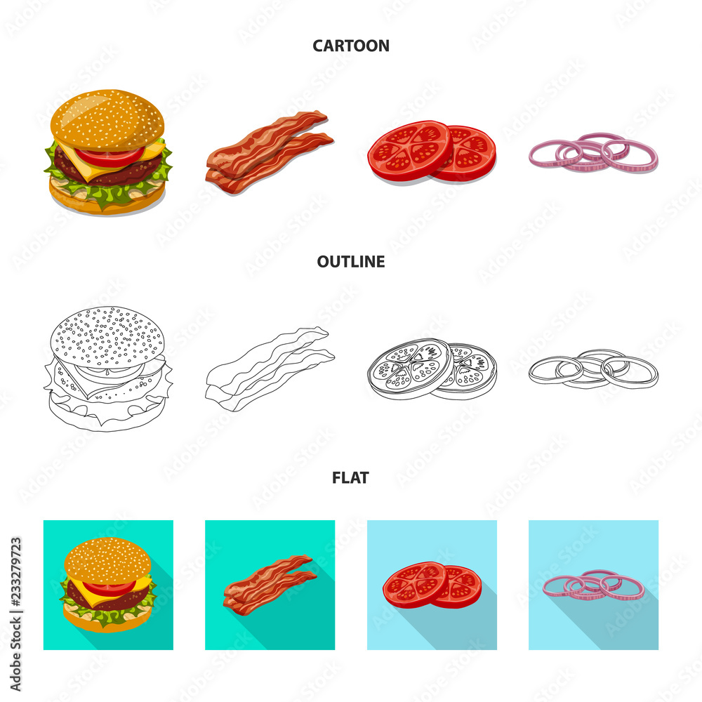 Vector illustration of burger and sandwich logo. Collection of burger and slice stock symbol for web.