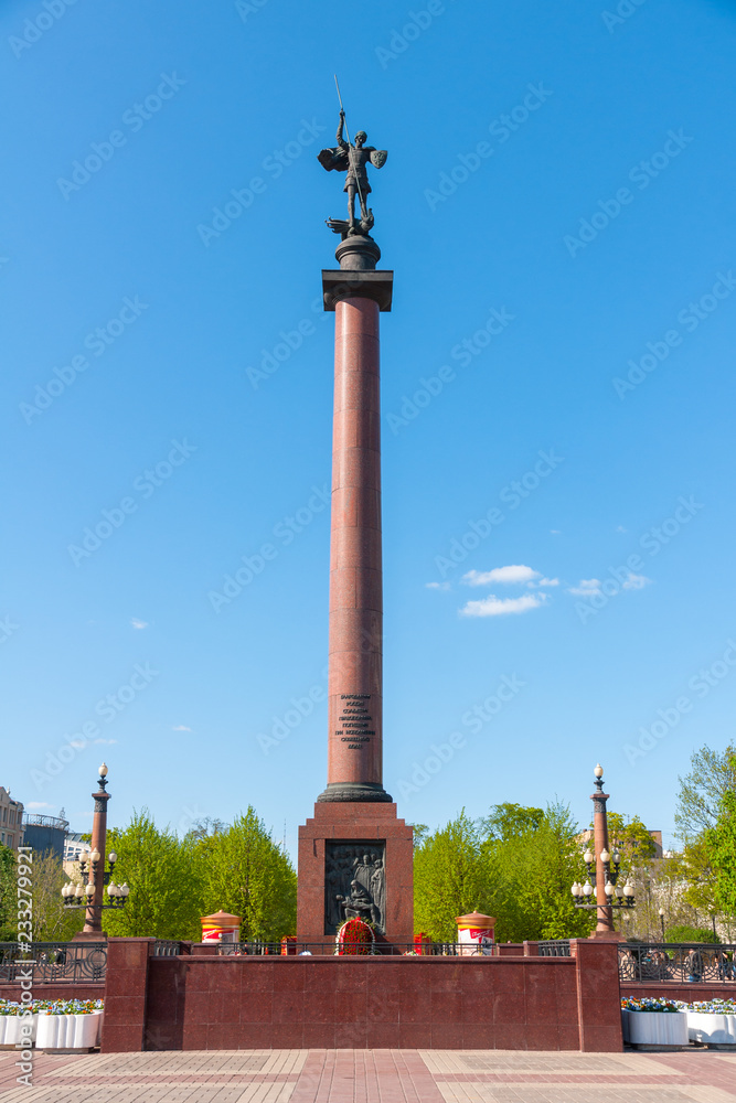 Moscow, Russia, May 09, 2011: Monument to internal affairs officers, law enforcement officers who died in line of duty, was installed in 1994 at Trubnaya Square, in spring