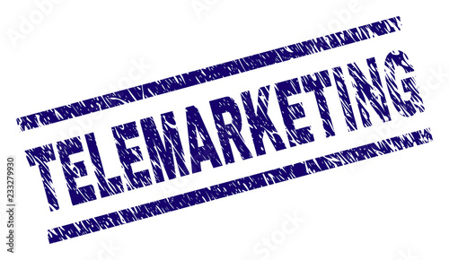 TELEMARKETING seal print with scratced style. Blue vector rubber print of TELEMARKETING tag with unclean texture. Text label is placed between parallel lines.