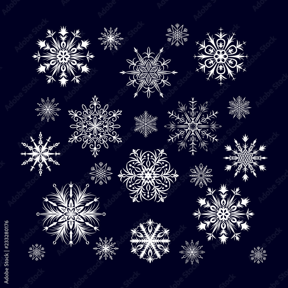 Set of detailed snowflakes isolated on blue background. Vector illustration.