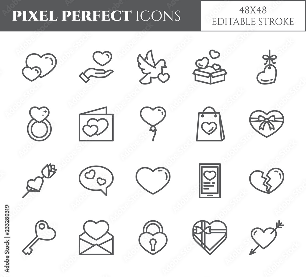 Love and Valentines Day theme line icons with editable stroke isolated on white background.
