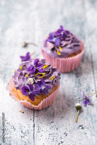 Cupcakes with violets, daisies, and dandelion petals photo