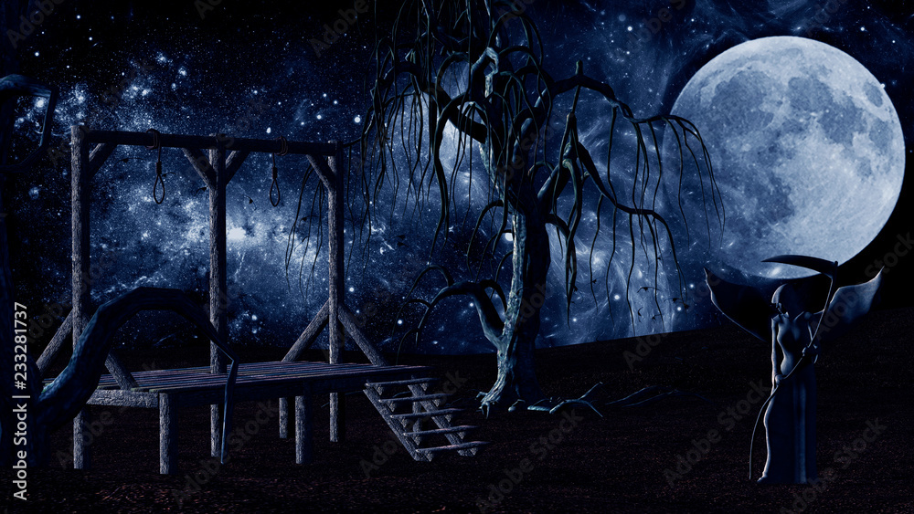 Angel of Death - Spooky Night background with Gallows, Crows and Creepy ...
