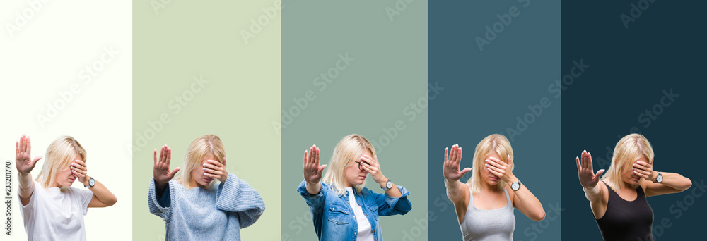 Obraz premium Collage of beautiful blonde woman over green vintage isolated background covering eyes with hands and doing stop gesture with sad and fear expression. Embarrassed and negative concept.