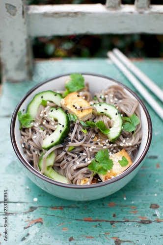 Otsu salad (Soba noodles, fresh cucumber, tofu, cilantro, black and white sesame, Japan) photo