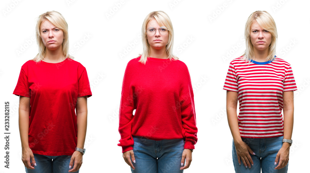 Collage of beautiful blonde woman wearing casual red over isolated background skeptic and nervous, frowning upset because of problem. Negative person. Collage of beautiful blonde woman wearing casual red over isolated background skeptic and nervous, frowning upset because of problem. Negative person.