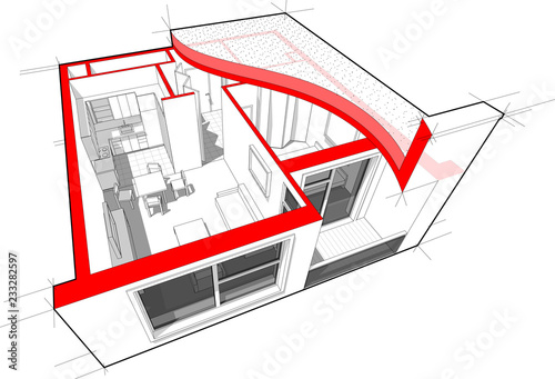 Perspective cutaway diagram of a one bedroom apartment completely furnished with flat roof cutaway over it 
