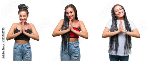 Collage of beautiful braided hair african american woman with birth mark over isolated background praying with hands together asking for forgiveness smiling confident.