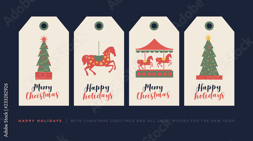 Set of creative gift tags with drawing elements for Christmas and New Year holiday. Decorative vector image of horse, carousel, Christmas tree to decorate gifts. Vector design of seasonal badge.