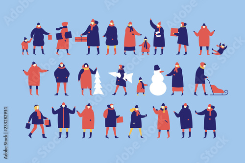 Large group of people dressed in outerwear isolated on blue background. Men and women in various poses make Christmas shopping, walk with children. Illustration of male and female flat characters.