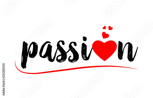 passion word text typography design logo icon with red love heart