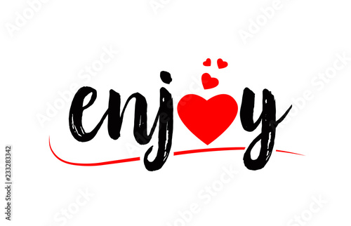 enjoy word text typography design logo icon with red love heart