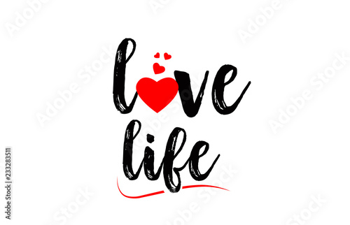 love life word text typography design logo icon with red love heart